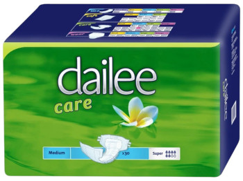 Подгузники для взрослых Dailee Care Super Medium, 6 капель, до 2200мл, 80-120см, 46х26х18см, 30шт/уп