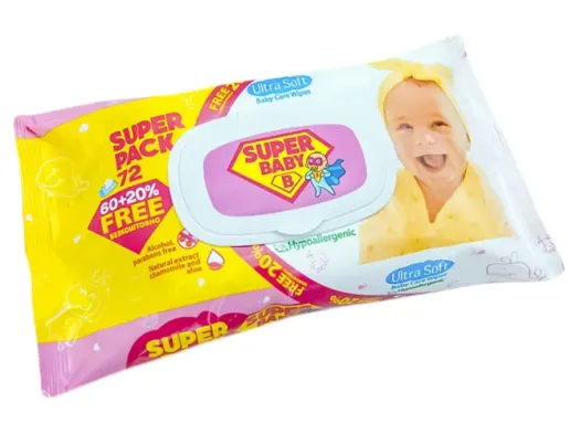 Вологі серветки дитячі Super Baby SuperPack ромашка та алое, 72шт, з клапаном
