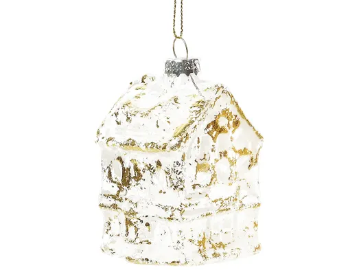 Ялинкова прикраса скляна Будиночок прозорий із золотистим декором, 4,4×7,1 см