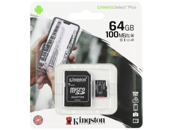 Карта Пам'яті Kingston Canvas Select Plus microSDXC (UHS-1) 64gb 10 Class & Adapter Чорний