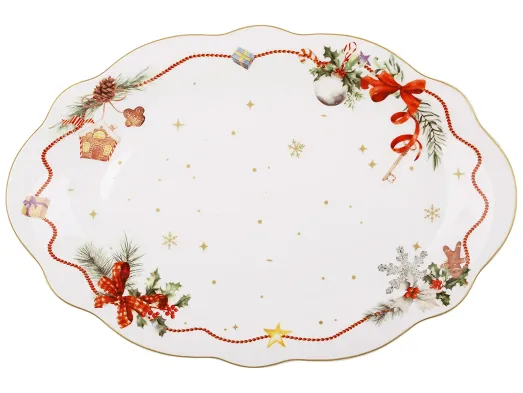 Блюдо сервировочное фарфоровое овальное Christmas Ribbon с волнистым краем, 30,6×20,6×2,5 см