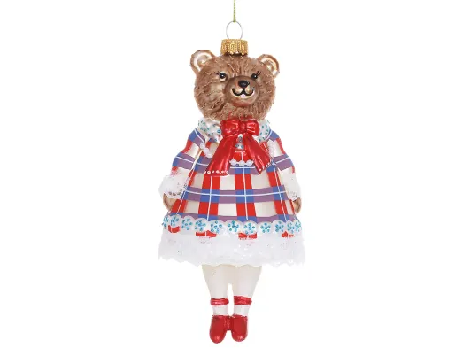 Елочная игрушка стеклянная Леди-мишка в клетчатом платье, 7,4×7×14 см