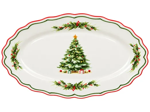 Блюдо фарфоровое овальное Evergreen Christmas с новогодним декором, 35×20,5×3,5 см