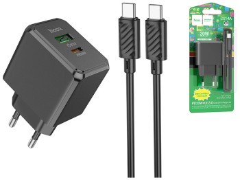 Мережевий зарядний пристрій Hoco CS14A USB-C/1USB PD/QC 20W+Type-C to Type-C, Колір Чорний