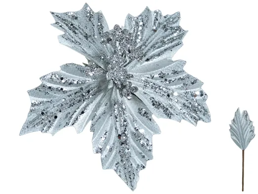 Новорічна декоративна квітка пуансетія з блискітками, срібляста, 21 см