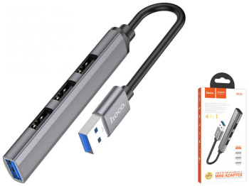 Хаб USB Hoco HB26 4 in 1 adapter(USB to USB3.0+USB2.0x3), Сiрий