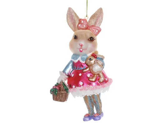Елочная игрушка стеклянная Зайка с корзинкой, разноцветная, 8,3×5,9×15 см