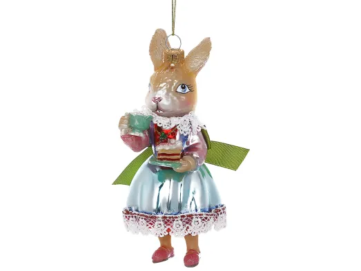 Елочная игрушка стеклянная Зайка с пирожным, разноцветная, 6,6×6,4×14,5 см