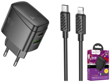 Мережевий зарядний пристрій Hoco CS61A 1USB/1USB-C PD/QC 30W+Type-C to Lightning, колір чорний