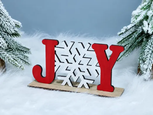 Новорічна дерев'яна композиція JOY зі сніжинкою, червоно-біла, 15×4×8 см