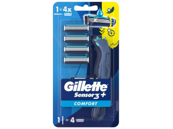 Бритва для гоління Gillette Sensor3 Plus Comfort, з 4 змінними касетами, 3 леза, сталь, колір синій