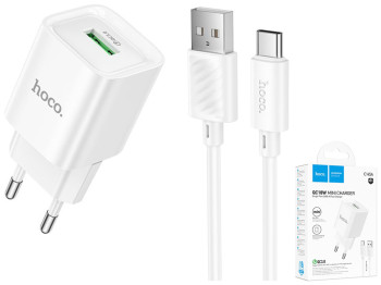 Мережевий зарядний пристрій Hoco C145A 1USB QC 18W+USB to Type-C, колір бiлий