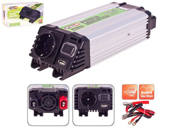 Перетворювач напруги PULSO (IMU-320) 12V-220V, 300W, USB-5VDC2.0A, мод.хвиля, клеми