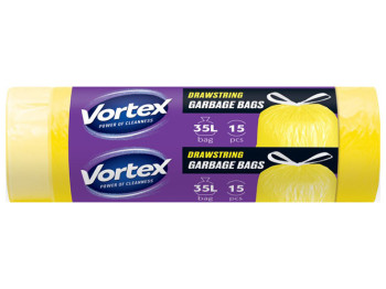 Пакети для сміття з затяжкою Vortex HDРЕ, 50х60см, жовті, 35л, 15шт, SRP