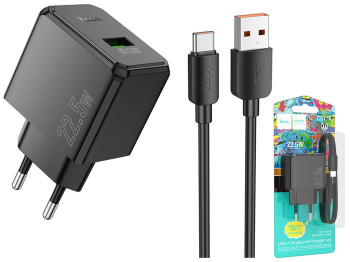 Мережевий зарядний пристрій Hoco CS17A 1USB QC 22.5W+USB to Type-C, колір чорний
