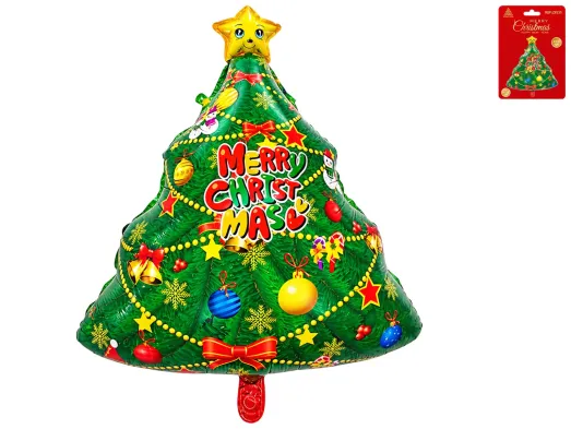 Новорічна надувна прикраса Ялинка з іграшками та написом Merry Christmas, зелена, 55×69 см