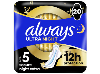 Прокладки гігієнічні Always Ultra Secure Night Extra, з крильцями, 8 крапель, розмір 5, 20шт
