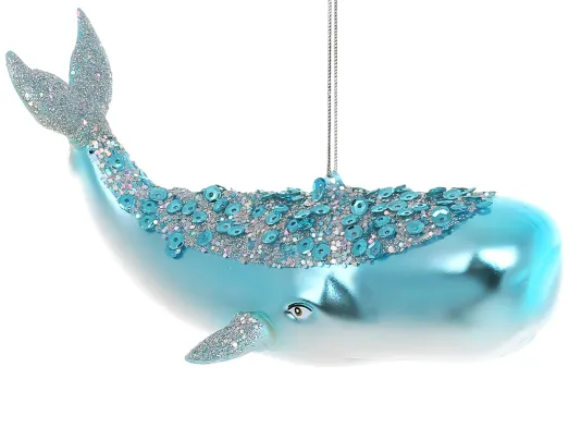 Елочная игрушка Кит с пайетками, стекло, голубая, 13×6×8см
