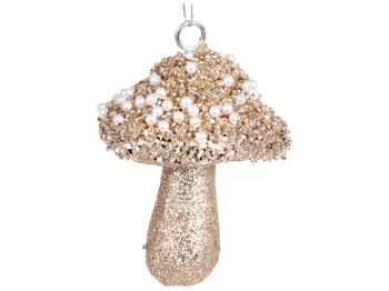 Ялинкова прикраса Гриб 8см з декором з білих намистин, колір - шампань