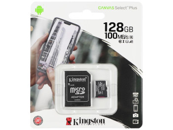 Карта Пам'яті Kingston Canvas Select Plus microSDXC (UHS-1) 128gb 10 Class & Adapter Чорний