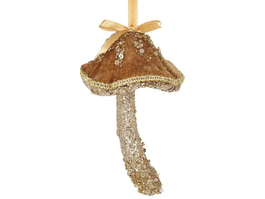 Елочная игрушка Гриб из ткани и пенопласта, коричневый с золотом, 9,5×9,5×15 см