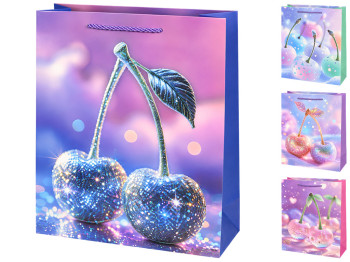 Пакет подарунковий паперовий Cherry M, з ручками, 26×32×10 см, 4 дизайни (ціна за 1шт)