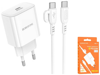 Мережевий Зарядний Пристрій Borofone BA81A 1 Type-C PD20W+Type-C to Type-C, Колір Бiлий