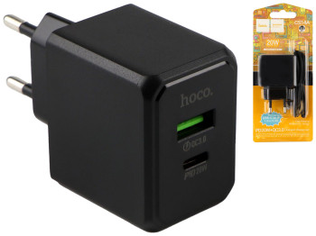 Мережевий зарядний пристрій Hoco CS14A 1USB-C/1USB PD/QC 20W+Type-C to Lightning, Колір Чорний