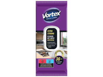 Серветки вологі для прибирання Vortex Extra Strong, для всіх поверхонь, посилені, з клапаном, 36шт