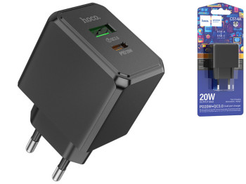Мережевий зарядний пристрій Hoco CS14A 1USB-C/1USB PD/QC 20W, Колір Чорний