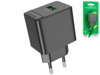 Зарядний пристрій Borofone BAS12A, 1USB, QC3.0, 18W, 77×45×32мм, колір чорний