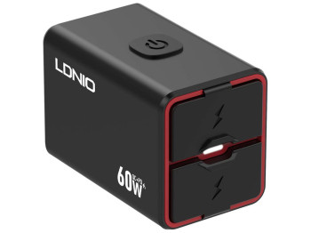 Інвертор LDNIO C108, авто-мото, 1USB+1USB-C, 60W, алюміній, пластик, Type-C to Type-C, колір чорний