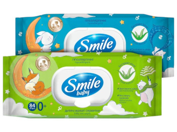 Серветки вологі з перших днів Smile Baby, з екстрактом алое, без спирту, з клапаном, 84шт