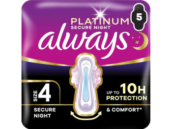 Прокладки гігієнічні Always Platinum Secure Night, з крильцями, 7 крапель, розмір 4, 5шт