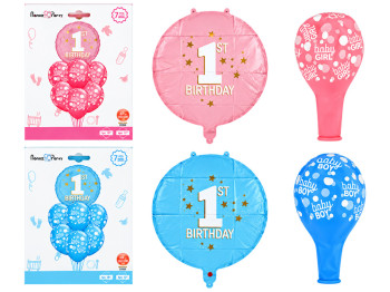 Набір повітряних кульок First Birthday, латекс, фольгована плівка, 7 шт, 2 кольори (ціна за набір)