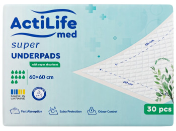 Пелюшки гігієнічні ActiLife Med Super, одноразові, нетканий матеріал, целюлоза, 60×60см, 30шт