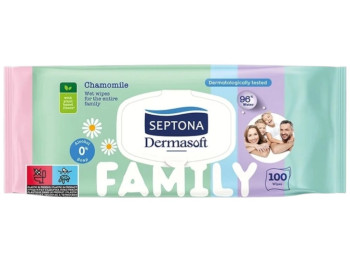 Серветки вологі Septona Dermasoft Family, з 0+, з ромашкою, з клапаном, колір білий, 100шт