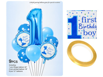 Набір повітряних кульок First Birthday Boy, латекс, фольгована плівка, 9 шт (ціна за набір)