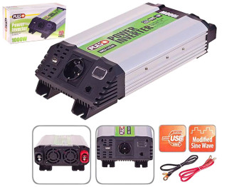 Перетворювач напруги PULSO (IMU-1020) 12V-220V, 1000W, USB-5VDC2.0A, мод.хвиля, клеми
