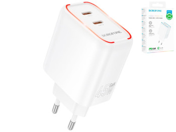 Зарядний пристрій Borofone BA90A, 2×USB-C, 45Вт, PD/QC, 85×49×31мм, колір білий