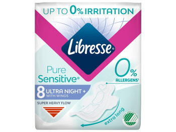 Прокладки гигиенические Libresse Pure Sensitive Ultra Night, ночные, с крылышками, 6 капель, 8шт