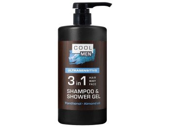 Гель-шампунь Cool Men Ultrasensitive 2в1, з пантенолом та олією солодкого мигдалю, 1л