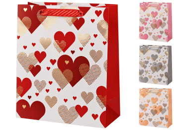 Пакет подарунковий паперовий Heart M з ручками, 26×32×12 см, 4 дизайни (ціна за 1шт)