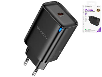 Зарядний пристрій Borofone BA86A, 1USB-C, PD/QC 45W + Type-C to Type-C, чорний