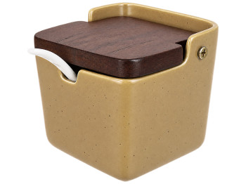 Ємність для зберігання Natural Serving Grey з дерев’яною кришкою та ложкою, 250 мл, 9,5×9,5×9 см