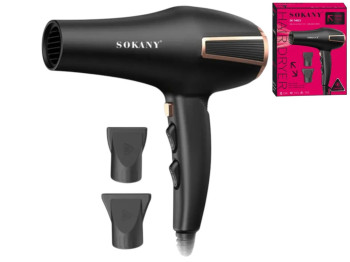Фен Sokany, 2800Вт, 2 насадки, 3 швидкості, холодне обдування, 23,5×9,5×29см, колір чорний