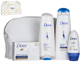 Набор подарочный Dove "От чистого сердца" (шампунь+ополаскиватель+антиперспирант+мыло+косметичка)