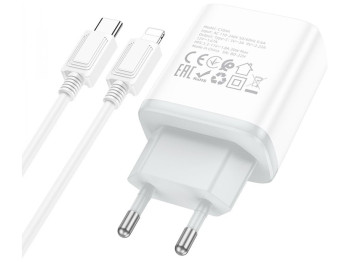Мережевий зарядний пристрій Hoco C104A Stage single port PD20W Type-C to Lightning Колір Бiлий