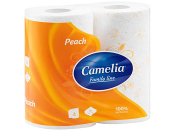 Бумага туалетная Camelia Персик, 3 слоя, 4 рулона, 125 листов, 100% целлюлоза, цвет белый