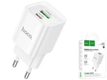 Мережевий зарядний пристрій Hoco C147A 1USB-C/1USB PD/QC 20W, колір бiлий
